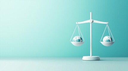 Poster - Justice scales balanced with a globe, global equality, flat design illustration