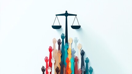 Poster - Justice scales with diverse hands tipping the balance, flat design illustration