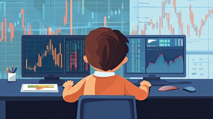 Poster - A Person Analyzing Stock Market Data on Multiple Computer Monitors