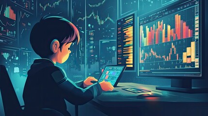 Poster - Young Person Analyzing Financial Charts and Data on Multiple Screens