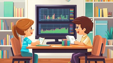 Poster - Two Children Studying Financial Data on a Computer Screen