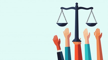 Poster - Justice scales with diverse hands supporting them, equality and unity, flat design illustration