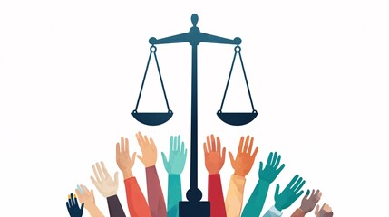Poster - Justice scales with diverse hands supporting them, equality and unity, flat design illustration