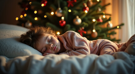 Sticker - A young girl is sleeping on a bed next to a Christmas tree