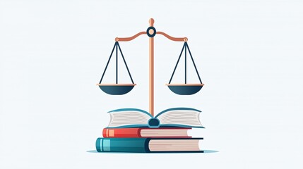 Poster - Equal weights on justice scales with a book, knowledge and fairness, flat design illustration