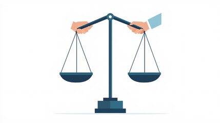 Poster - Scales of justice with two hands balancing them, cooperation in morality, flat design illustration