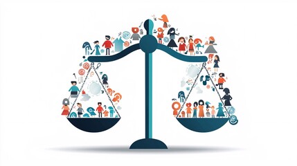 Poster - Balanced scales with family symbols, representing justice in society, flat design illustration
