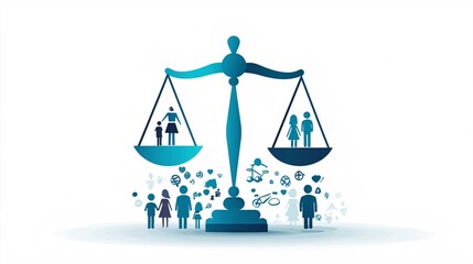 Poster - Balanced scales with family symbols, representing justice in society, flat design illustration