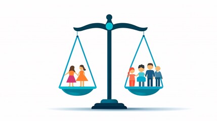 Poster - Balanced scales with family symbols, representing justice in society, flat design illustration