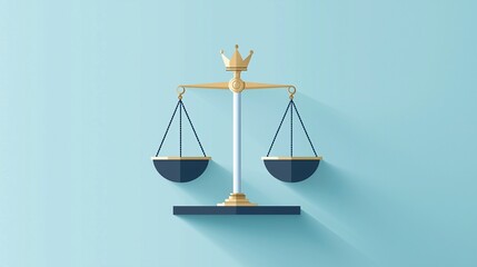 Poster - Scales of justice with equal weights and a crown, authority and equality, flat design illustration