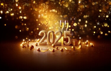 Golden 2025 in front of a bokeh background with two champagne flutes and festive decorations.