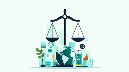 Poster - Justice scales with a balanced earth, global morality, flat design illustration