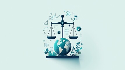 Poster - Justice scales with a balanced earth, global morality, flat design illustration