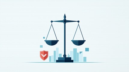 Poster - Justice scales with a shield, protecting equality, flat design illustration