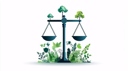 Poster - Balanced scales with nature symbols, environmental justice, flat design illustration