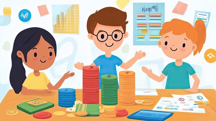 Poster - Three Cartoon Children Analyze Coin Stacks and Charts