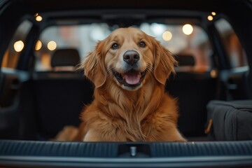 A happy golden retriever sits in the back of an SUV, surrounded by soft lighting, exuding joy and companionship.