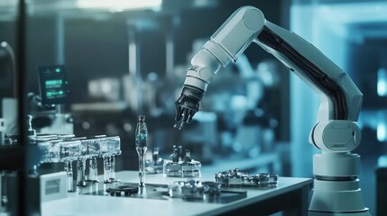 Poster - A robotic arm operates in a modern laboratory, showcasing automation in scientific research.