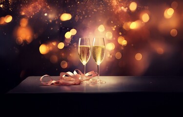 Two glasses of champagne with pink ribbon on a dark background with out of focus lights.