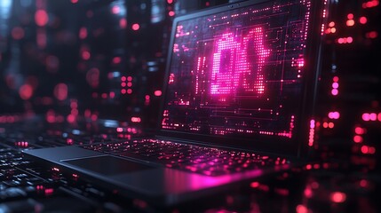 Detailed laptop computer dark mode neonlit blockchain technology icons surrounding screen techfocused design