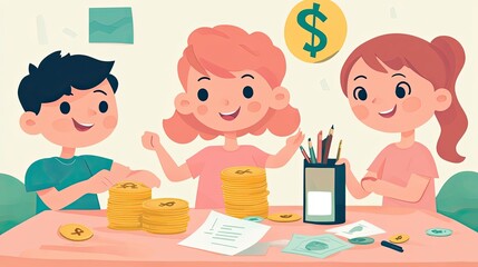 Poster - Three Cartoon Children Counting Money and Holding Pencils at a Pink Table