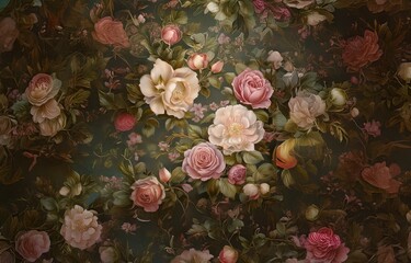 Wall Mural - a bouquet of roses and other flowers in soft pinks and cream hues with green leaves on a dark backgr