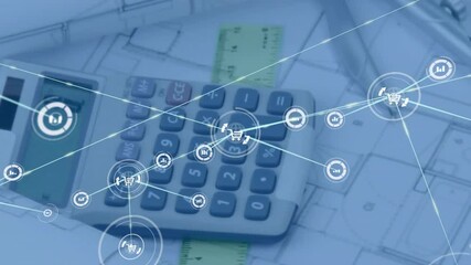 Poster - animation of network of connections with icons over calculator architect drawings