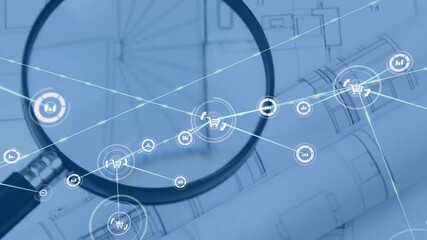 Poster - animation of network of connections with icons over architect drawings