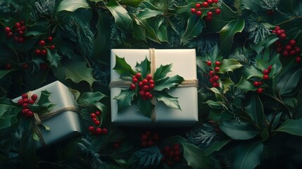 Flat lay of Christmas presents adorned with natural greenery, holly leaves, and red berries for an organic holiday decor aesthetic Perfect for a minimalist Christmas gift wrapping inspiration or