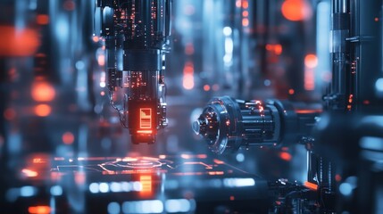 Poster - Futuristic machinery with glowing elements in a high-tech environment.