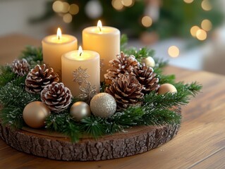 Rustic Table Centerpiece with Handmade Greenery Decorations and Handcrafted Candles for a Cozy Holiday Atmosphere, Perfect for Christmas, Thanksgiving or Winter Gatherings