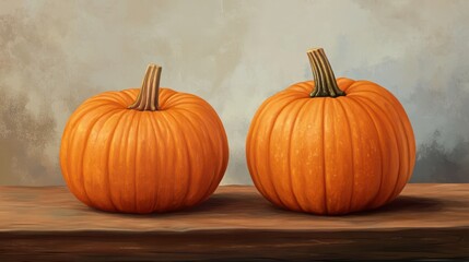 Two pumpkins on wooden table. Halloween and thanksgiving holiday and autumn harvest background