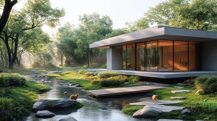 Poster - Modern house by a serene stream in a lush forest setting.