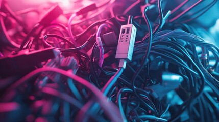 Poster - A close-up of tangled wires and connectors, highlighting a complex electronic setup.