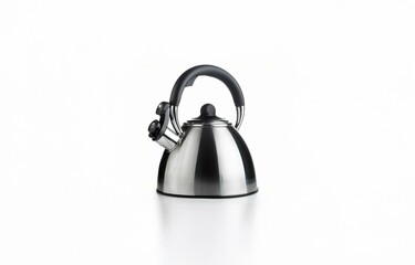 A stainless steel kettle with a black handle and lid sits on a white background.