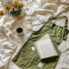 Cozy morning setup with a green apron, book, coffee, and flowers on a soft linen backdrop.