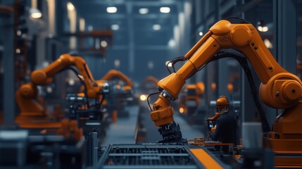 Poster - A modern industrial setting with robotic arms assembling products.