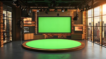 a virtual tv studio news set with a green screen background, featuring modern design elements and ve