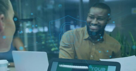 Poster - Animation of financial data processing over diverse business people using laptop in office