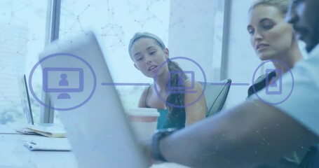Poster - Animation of financial data processing over diverse business people using laptop in office