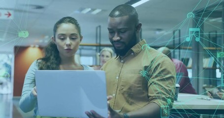 Canvas Print - Animation of financial data processing over diverse business people using laptop in office