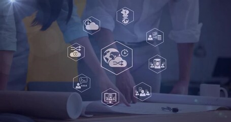Poster - Animation of business and cloud icons data processing over diverse business people in office