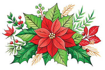 Hand-Drawn Watercolor Christmas Floral Composition - Poinsettia & Holly Design, illustration on white background.