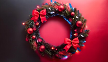 Red and black Christmas background concept Red and black holiday wreath with glowing lights.