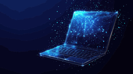 Poster - low poly polygonal laptop with starry sky design - digital technology concept vector illustration fo