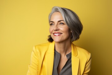 Canvas Print - Portrait of happy senior businesswoman looking at camera over yellow background