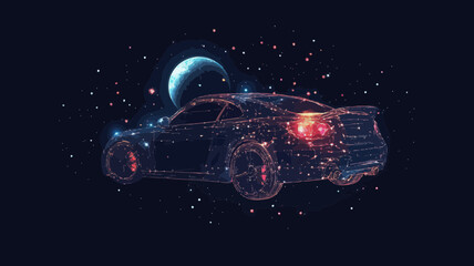 Poster - Abstract Wireframe Sport Car in Starry Sky with Universe Elements, Minimalist SVG Vector of Space-Themed Automobile Concept
