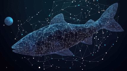 Poster - Abstract Cosmic Salmon Vector Wireframe Art: Starry Sky Fish with Lines, Points, and Planet Shapes - Minimalist SVG Design