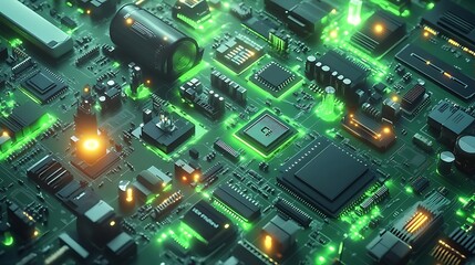 Wall Mural - Green Circuit Board with glowing components