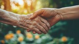 A young hand holding an elderly hand, symbolizing family support and care for the elderly